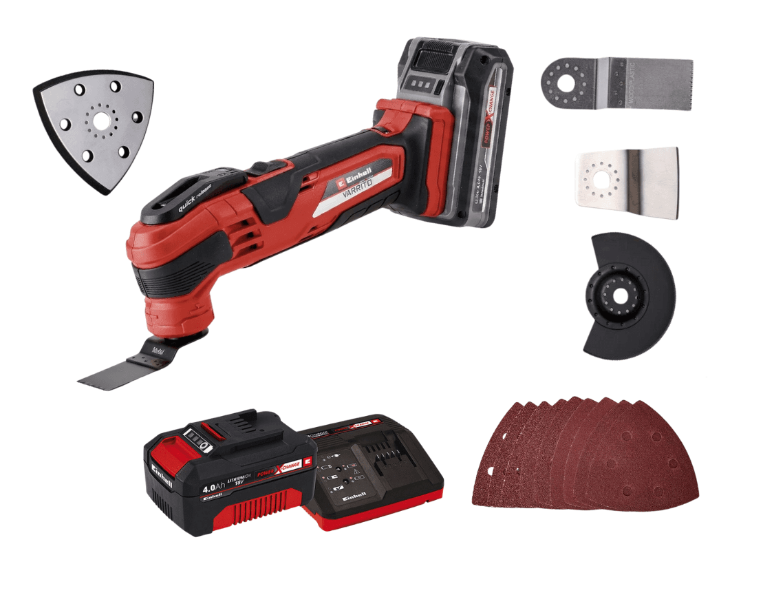 Einhell Varrito multiverktyg med blad och slipplatta i Toolys smarta skåp i Iso Omena