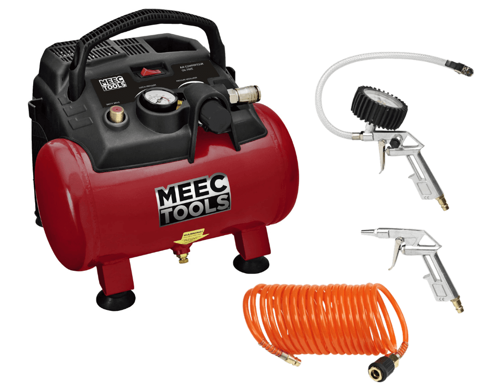 Meec Tools oljefri tryckluftskompressor på 6 liter med slang i Toolys smarta skåp i Iso Omena, Esbo